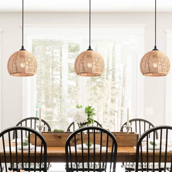 Natural Hemp Rope Triple Dome Pendant Light – Rustic Ceiling Fixture